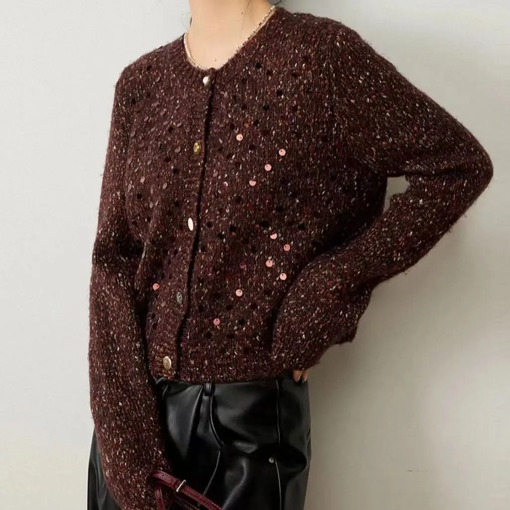 

【Gift Free】Niche 2025 Autumn Winter New Vintage Lazy Style Knit Cardigan for Women, Round-Neck Sequin Sweater Jacket