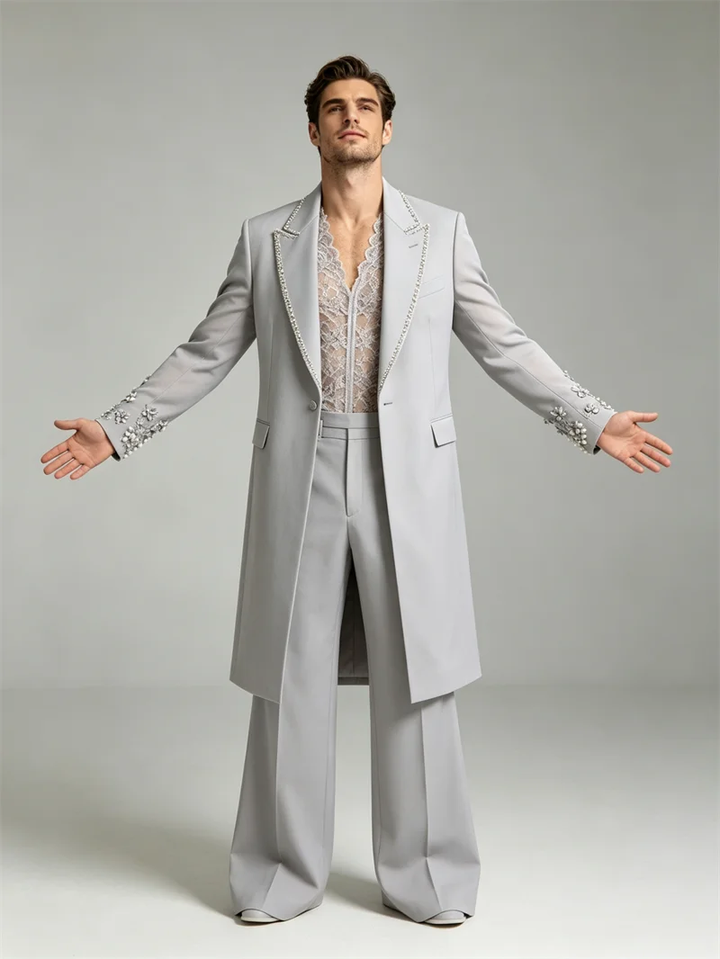Silver Long Men Suit Set 2 Piece Blazer+Pant Trousers Cotton Customized Formal Office Jacket Groom Wedding Tuxedo Coat