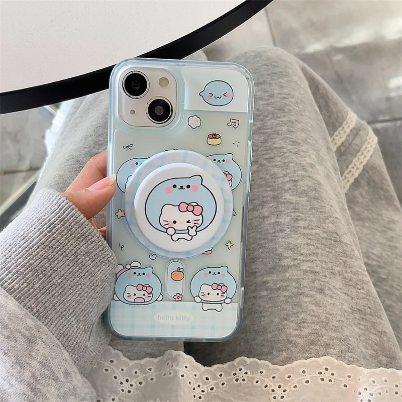 

Luxury Lattice Cute Cartoon Star Hello Kitty Cat Magsafe Wireless Charge Case For iPhone 13 14 15 16 Pro Max KT Magnetic Holder