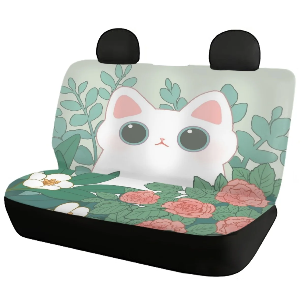 Auto Front Back Seat Cover Set Kawaii Leaf Rose Cat Pattern Car Accessories Washable Non-slip Easy to Clean Install Ornaments