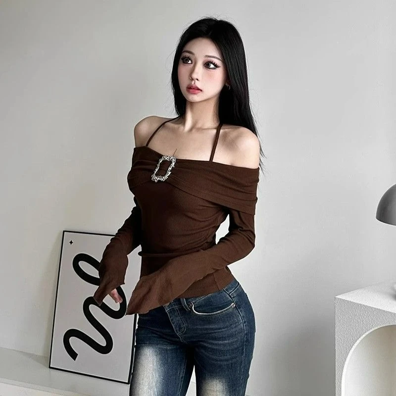 Modna, gruba, ocieplana warstwa bazowa, koszulka damska 2026, nowy zimowy styl, długi rękaw, bluzka z jednym ramieniem, z zapięciem na klamrę typu tower buckle, top na ramiączkach.