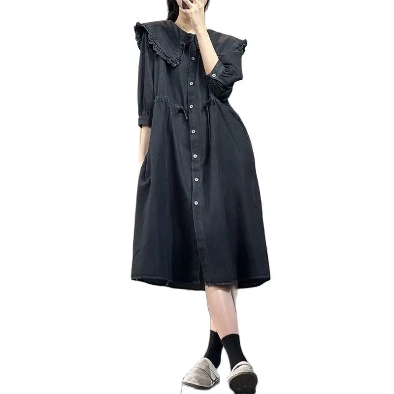 

2023Spring Mori Female Japanese Age-reducing Collection Waist Slimming High-Grade Large Lapel Doll Style Denim Dress Solid Color