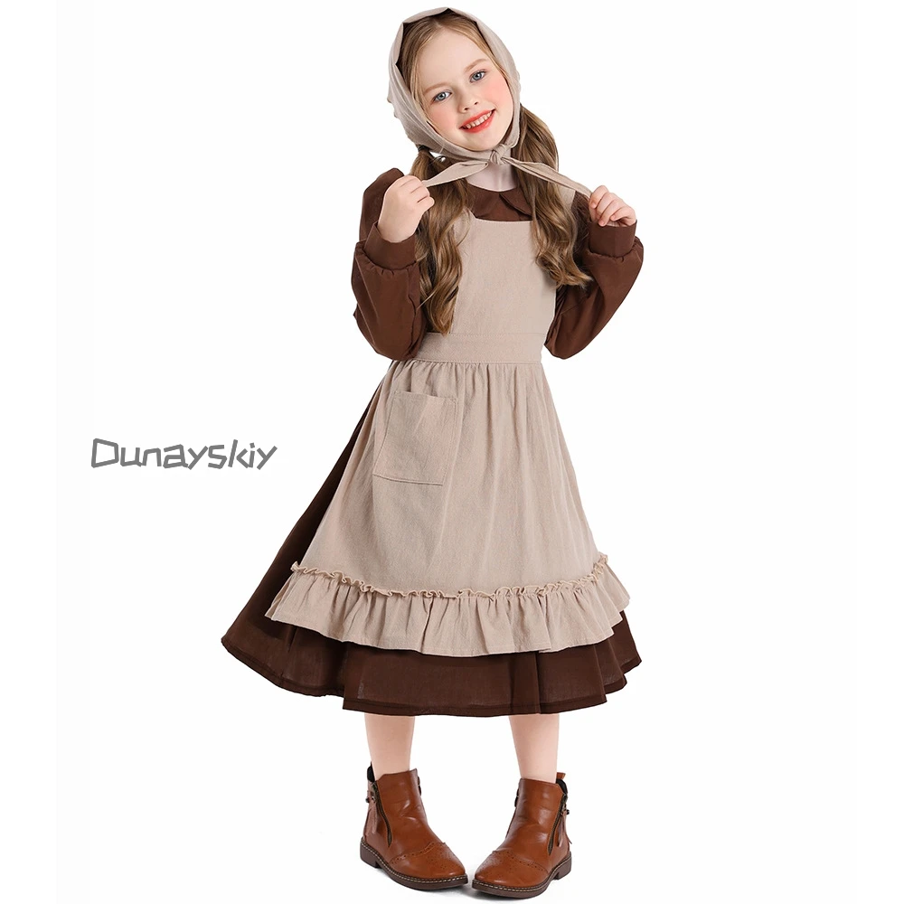 Village Farm Pioneer Prairie Kids Poor Clothes Cosplay Children's Day Stage Play Farm Performance Maid Costume Maid Dress