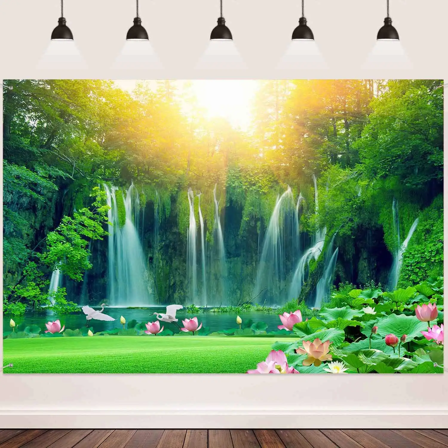 

Green Forest Background Sunshine Tree Waterfall Lotus Backdrop for Photograph Theme Party Kids Baby Adult Portraits Photo Studio