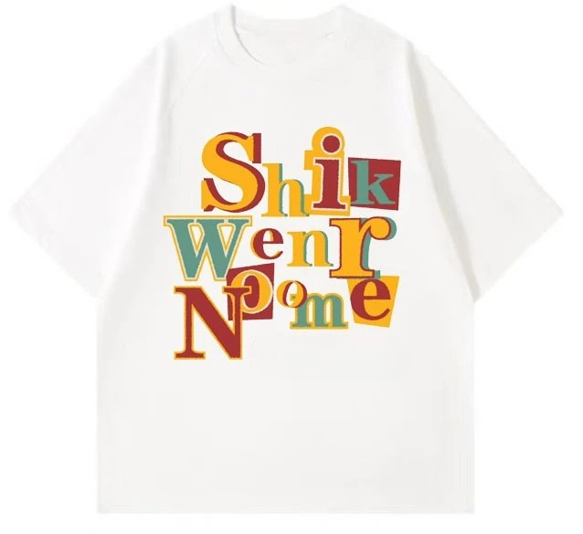 

Fashion and casual Shik Wenr colorful text printed round neck T-shirt 100% pure cotton suitable for both men and women