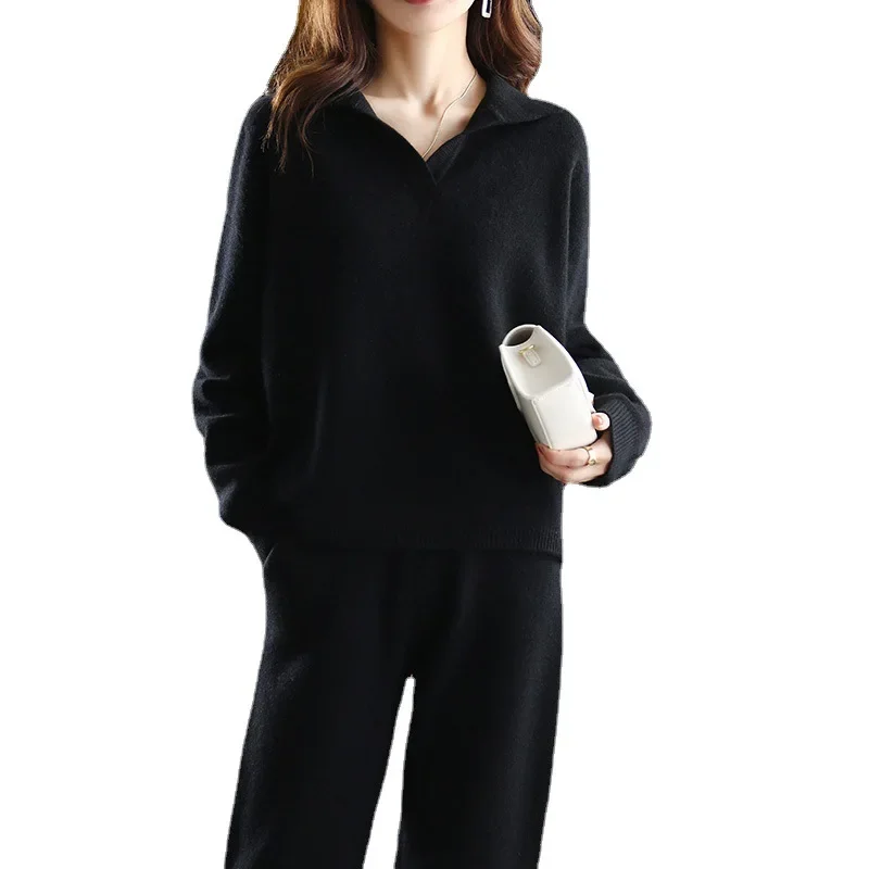 Winter 2024 New Cashmere Suit Women Loose Lapel Sweater Temperament Casual Wide-leg Pants Knitted Pure Wool Two-piece Suit