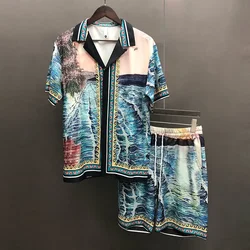 Ensemble de chemise à manches courtes imprimé paysage artistique pour hommes, haut court, streetwear à revers, ensembles décontractés trempés, motif vintage, zones me, 2024