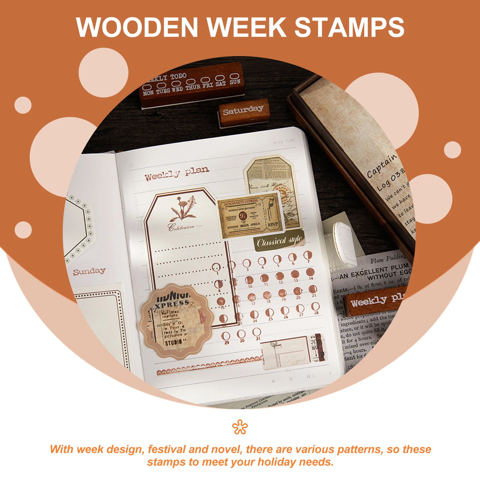 

12pcs Wooden Set Diy Scrapbooking Week Crafts Decorative Week Set For Clay Scrapbook Journaling Supplies