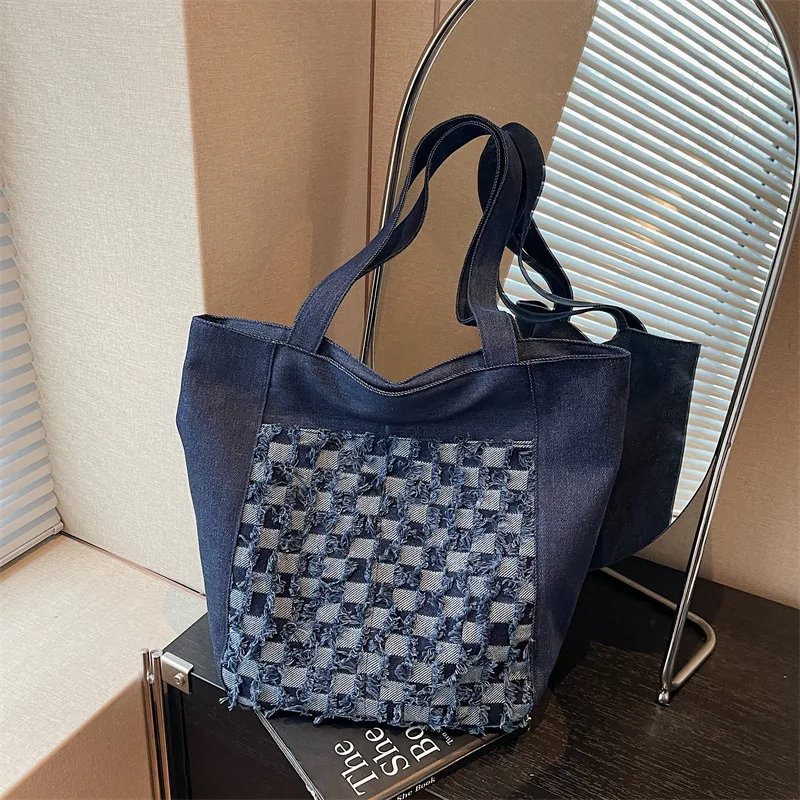 

New Winter Casual Checkered Washed Denim Shoulder Bag Large Capacity Crossbody Handle Bag Simple Texture Versatile Storage Bags