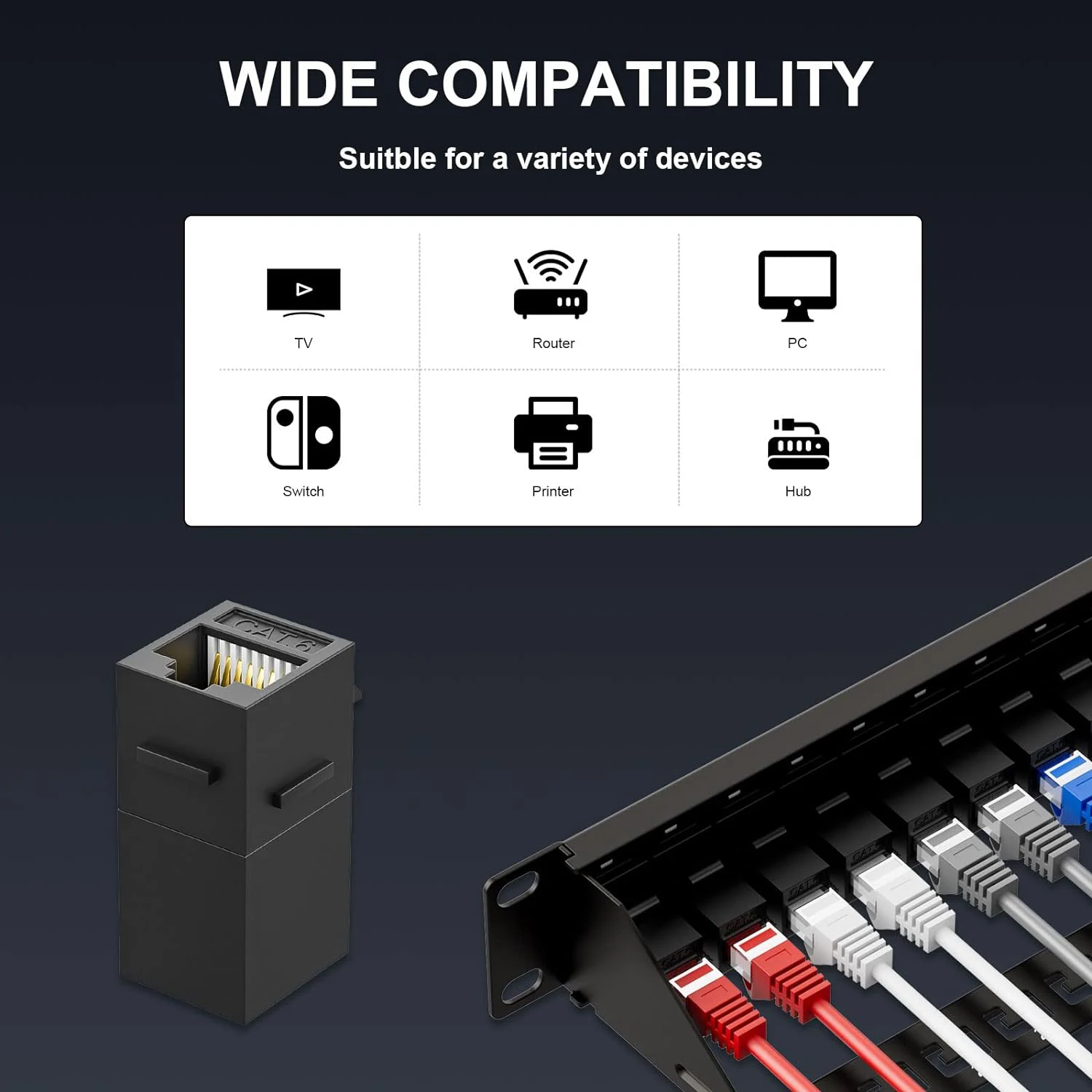 ZoeRax 24 Port RJ45 Patch Panel Cat6 Feed Through, Coupler Network Patch Panel 19 Inch, Inline Keystone Ethernet Patch Panel