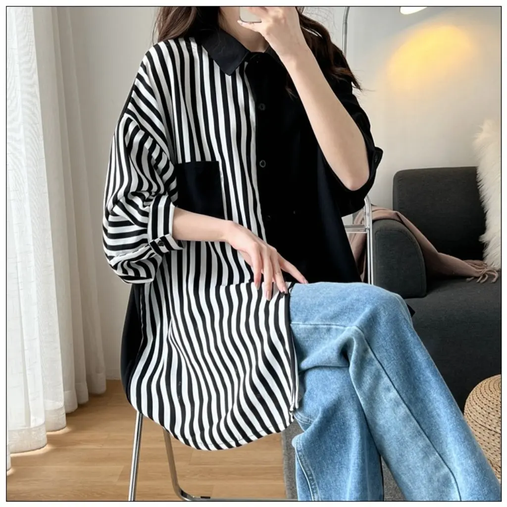 

Свободная женская рубашка больших размеров в корейском стиле, подходящая по цвету одежда для похудения для полных девочек, носимая 8315