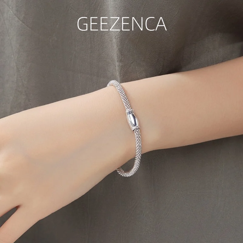 GEEZENCA 925 Sterling Silver Bead Strand Elastic Chain Bracelets For Women Italian Jewelry Chic Luxury Knob Buckle Bracelet