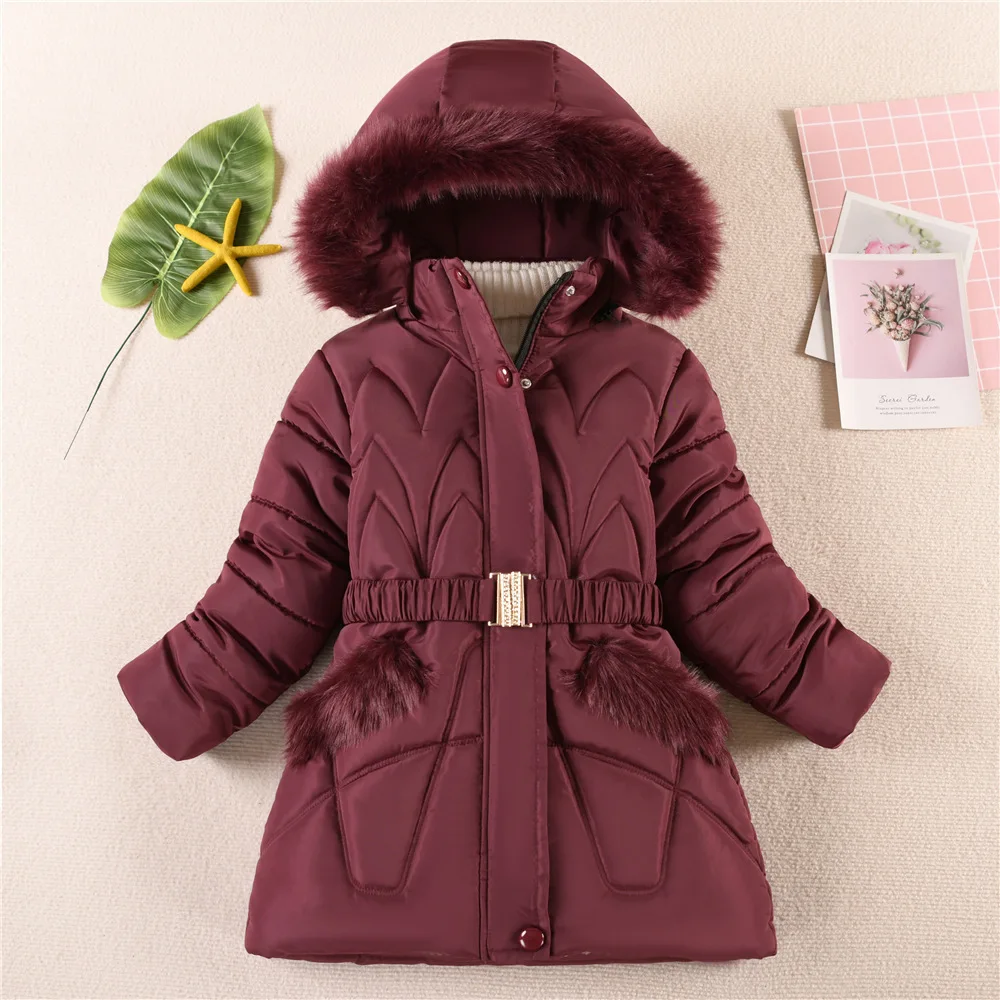 2024 New Winter Keep Warm Girls Jacket Waist Belt Design Detachable Hat Lining Plush Hooded Heavy Coat For Kids