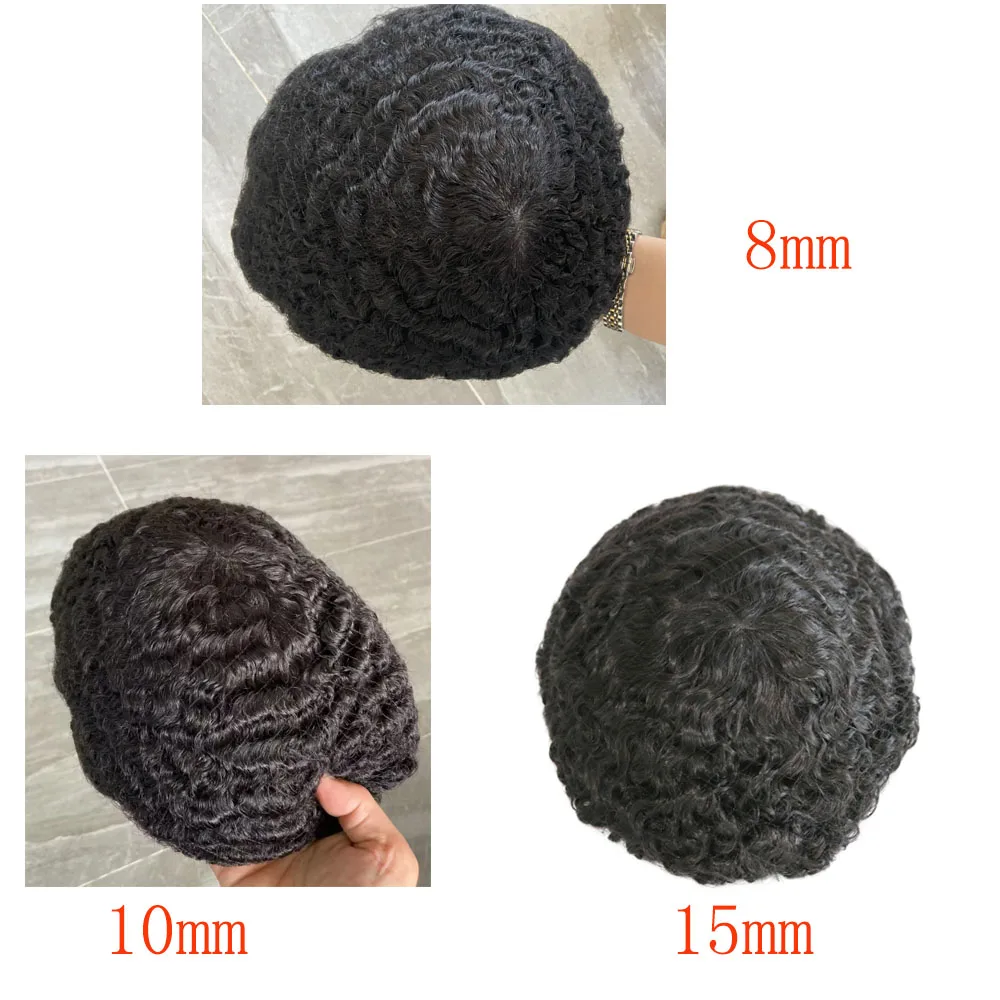 8mm afro Curly Men's Toupee Durable Man African American 15mm 10mm Deep Wave Thin Skin Natural Human Hair Replacement System