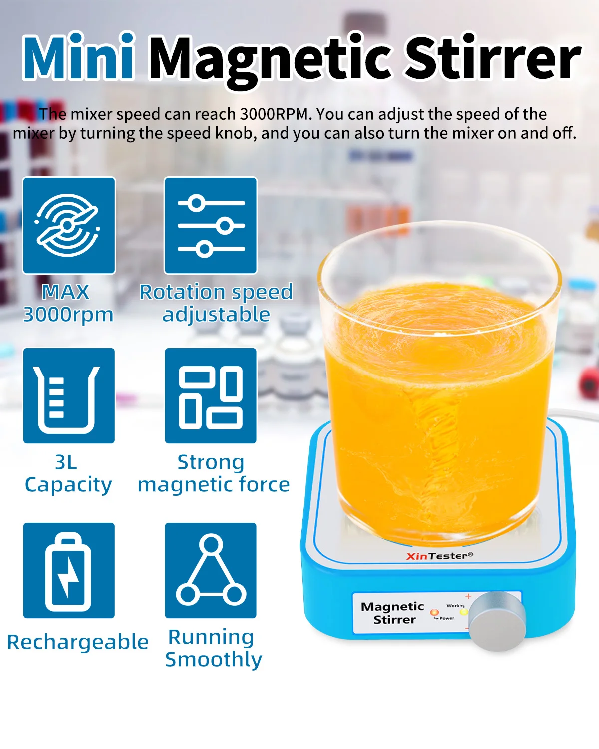 محرك مغناطيسي صغير Xin Teste 3000 دورة في الدقيقة، محرك 3000 مل لسائل منخفض اللزوجة، بدون تسخين أساسي/قابل لإعادة الشحن