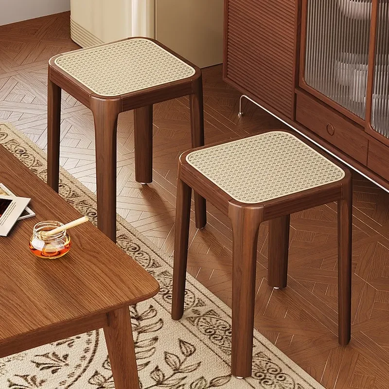 Solid Wood Stackable Rattan Stool Durable Small Square Bench for Dining Table Living Room Low Spare Chair Household Furniture