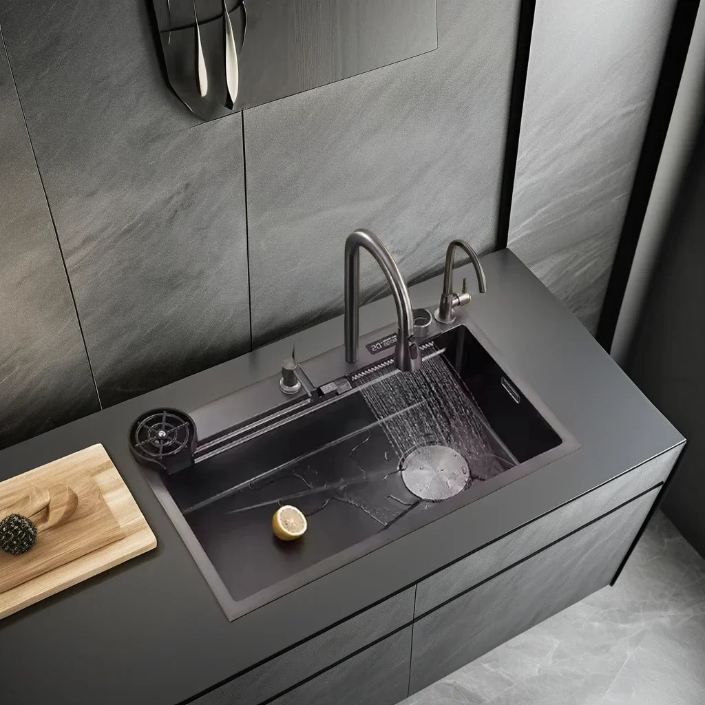 black 304 stainless steel kitchen digital display rain dance waterfall cup washing machine smart home kitchen sink