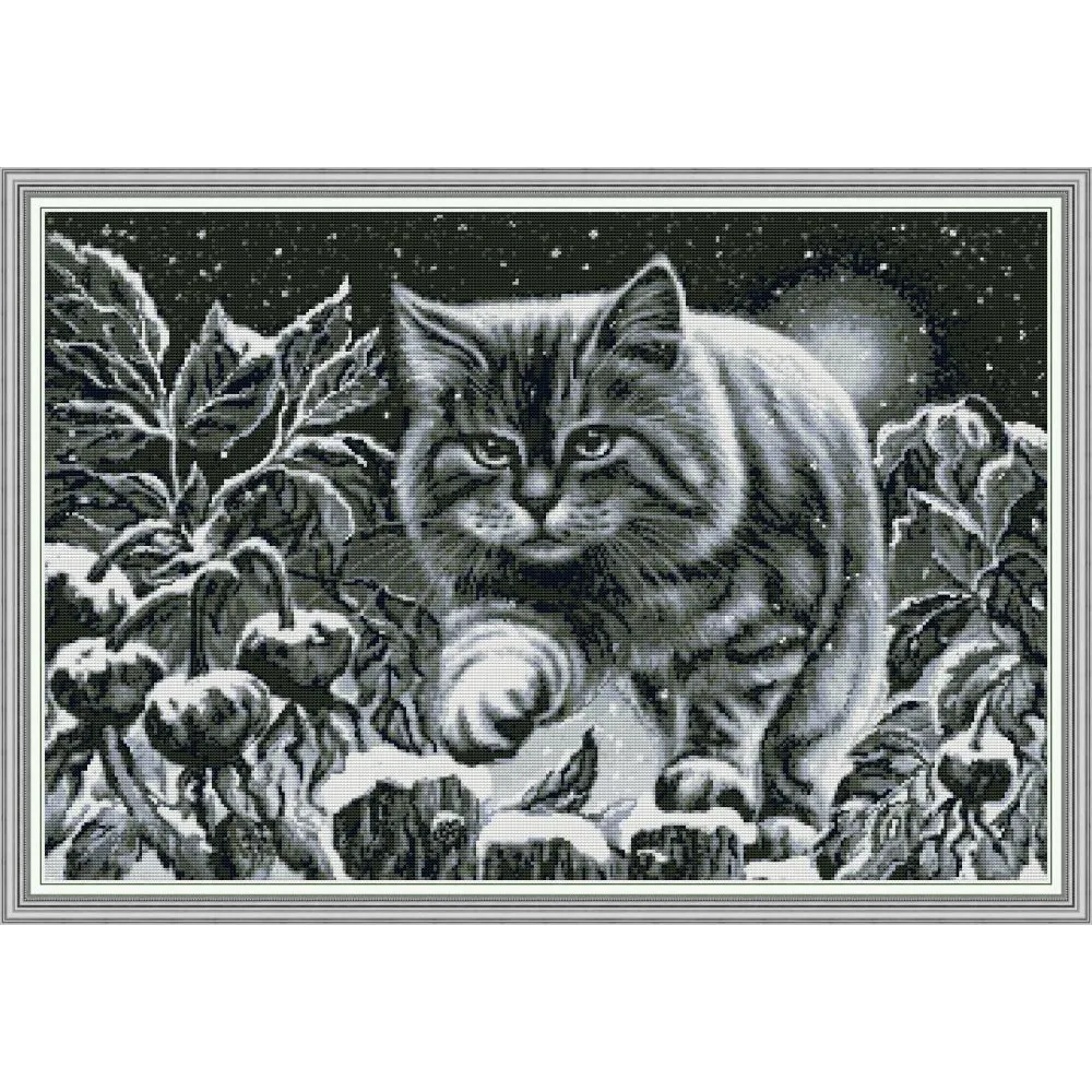 

Joy Sunday New Stamped Cross Stitch Ki,11CT/14CT/16CTDIY Easy Pattern Aida Fabric Embroidery Set-Black Cat on Snowy Night