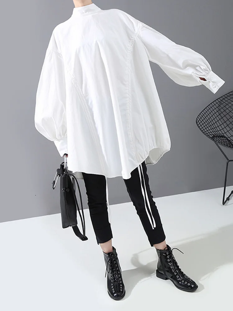 [EAM] Women Back Long Drawstring Big Size Blouse New Satnd Collar Long Sleeve Loose Fit Shirt Fashion Spring Autumn 2024 1N242