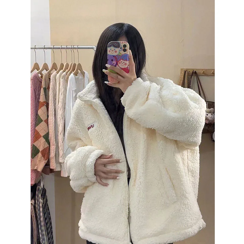 White Lamb Wool Jacket for Women Autmn Winter Loose Thicken Warm Plush Outwear Korean Zipper Stand Collar Faux Fur Coat Ladies