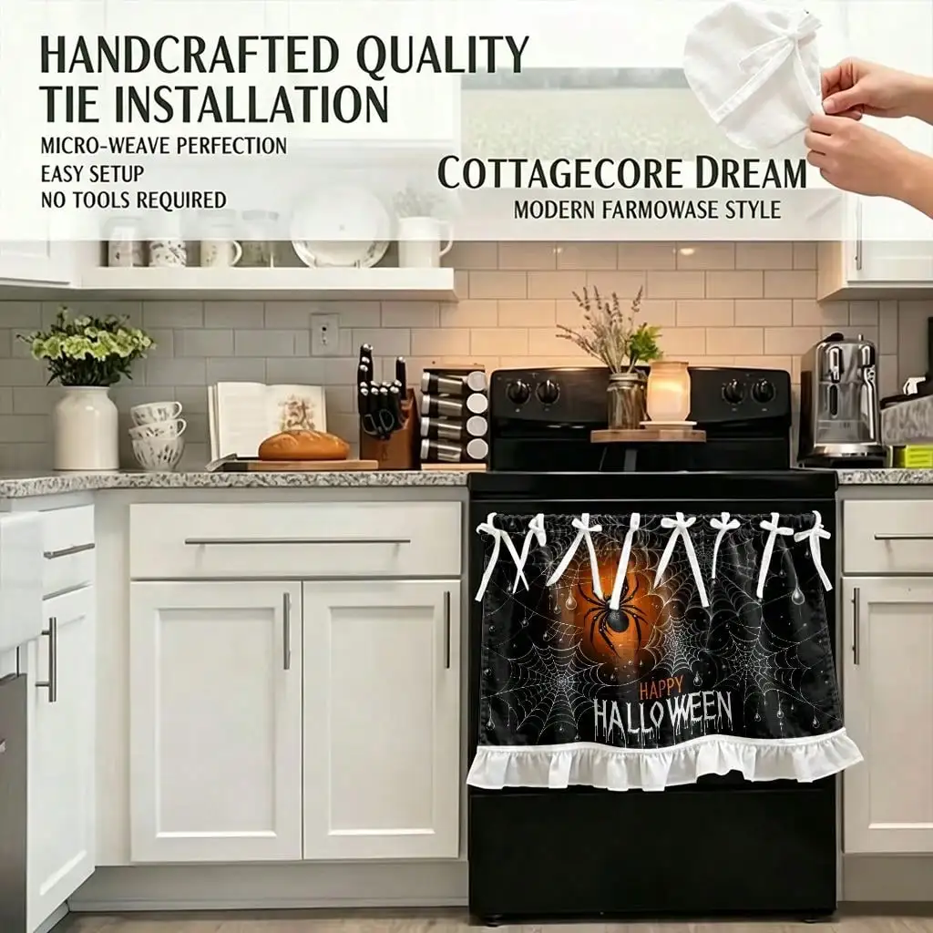 2D Flat, 1pc Retro Blackout Curtain Panel Suitable for Kitchen Stove Cover & Microwave Shield, Hanging Window Shade with Spider Web, Machine Washable Panel for Home Appliance Protection & Decoration, Blinds