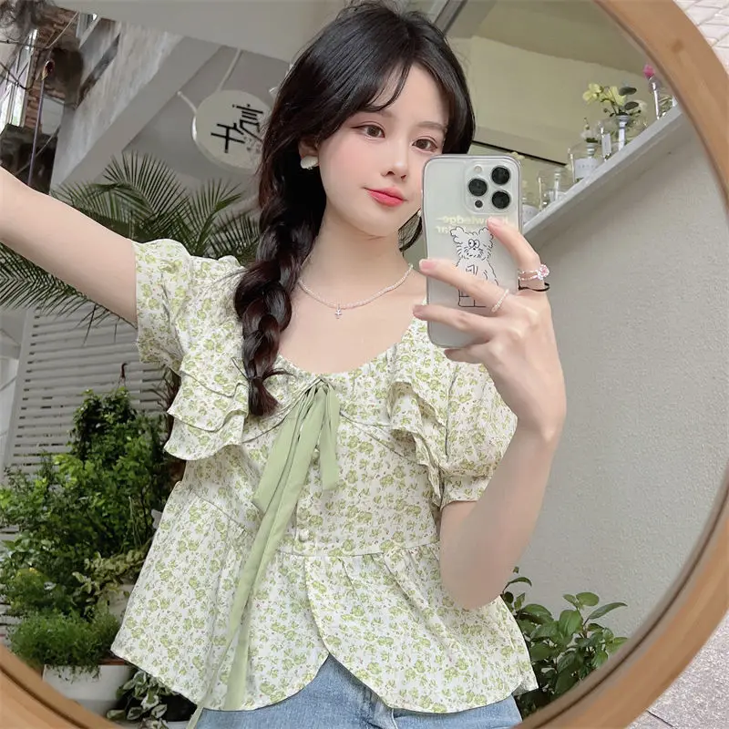 Puff Sleeve Blouses Women Cropped Floral Bandage Prairie Chic Retro Kawaii Girlish Holiday Tender Princess Summer New French Ins