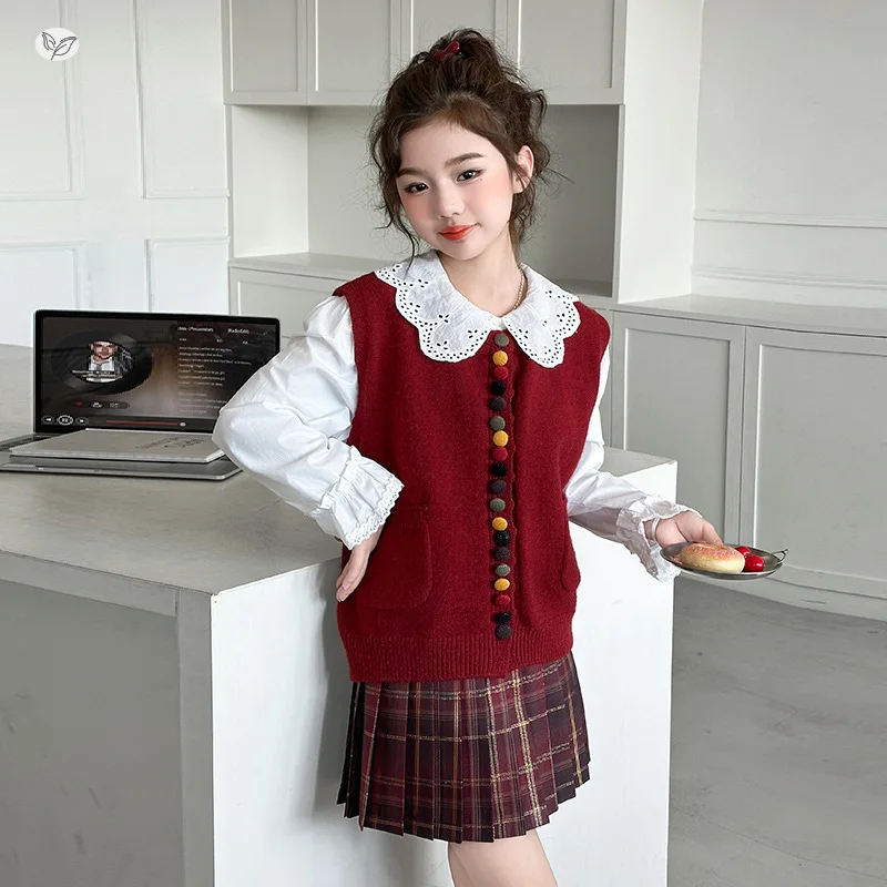 Girls' Clothing 2026 Spring New Children's Sweet Doll Shirt, Colorful Buckle Vest, Plaid Skirt, Spring Autumn