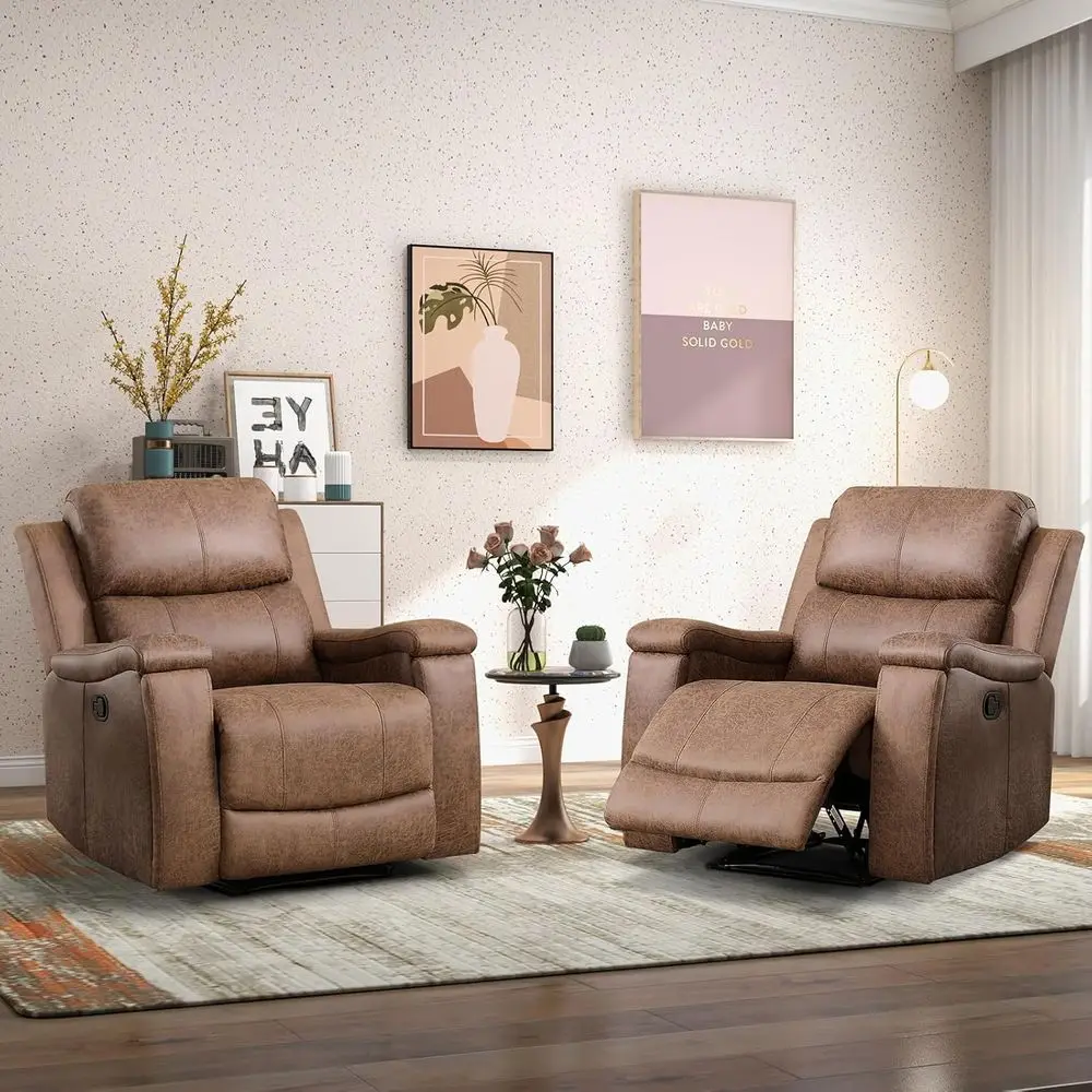 

Classic Nut Brown Manual Recliner Chair Set of 2 with Plush Arms, Back and Hidden Cup Holders