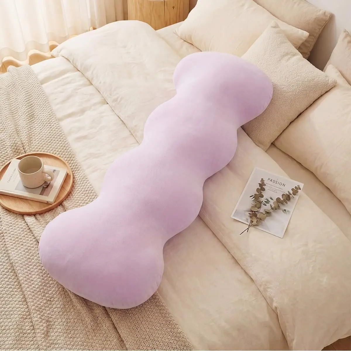 Body Pillows for Adults, Cooling Pea Pod Shape Double Wave Curve Side Sleeper Pillow, Long Hugging Cushion for Sleeping, Full Body Support Pregnancy Bed Pillows (Purple,47.24