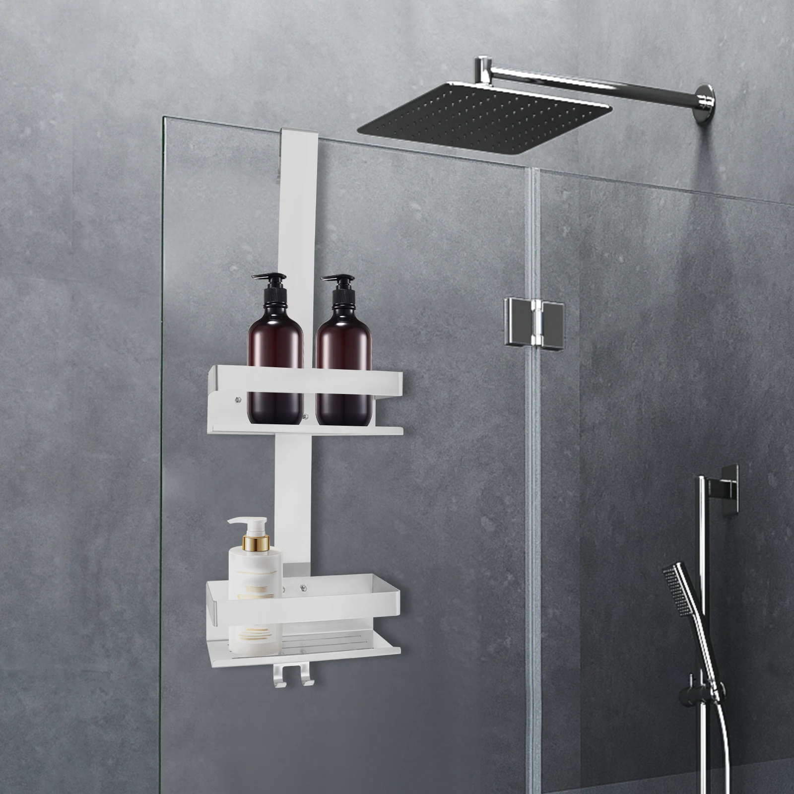 304 Edelstahl 2-stufiges Badezimmerregal, hängender Duschorganizer mit 15 kg Tragkraft, rostfreies, platzsparendes Aufbewahrungsregal für Badezimmer und Küche (Silber) – Detail 2