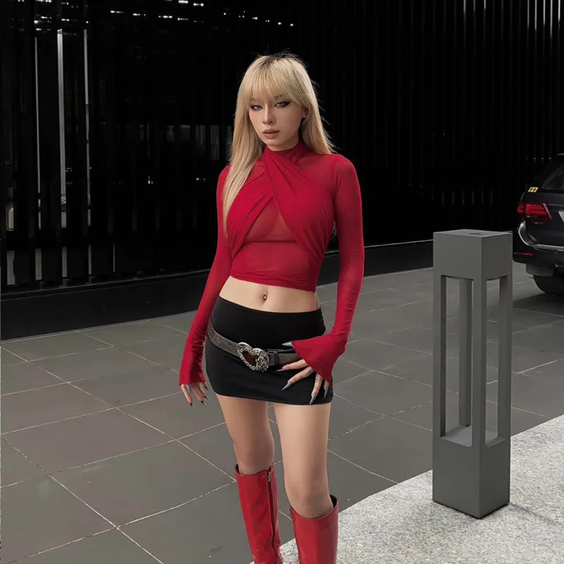 See Through Mesh Sexy Crop Tops Red Black Long Sleeve Tight Shirt Women Street Fashion Blouses