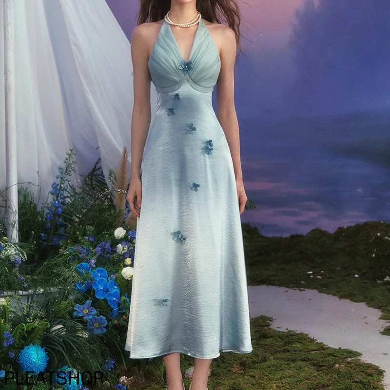 

LaceMa French Resort Style Heavy Hanging Neck Blue Floral Dress Satin Fairy Dresses