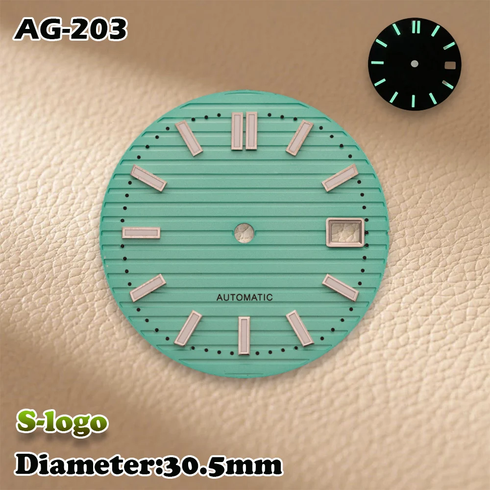 نوتيلوس ستايل قرص أسود 30.5 ملم لـ NH35/NH36 |   شعار S وأخضر مضيء |   ملحقات تعديل الساعة عالية الجودة