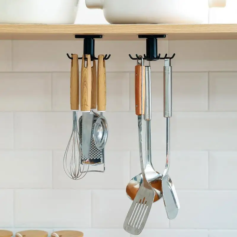 Adhesive Under Cabinet Kitchen Utensil Hanger 360 Rotating 6 Hooks Multifunctional Adhesive Hook for Kitchen Bathroom Use