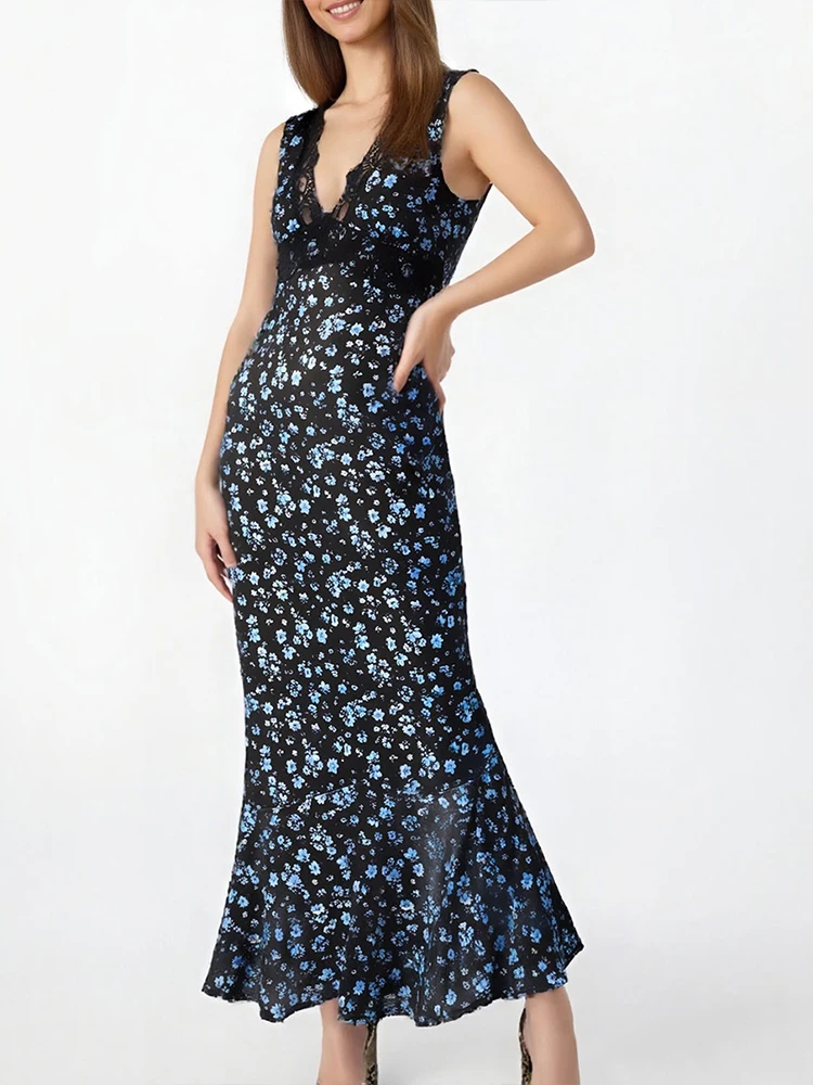 Vestidos femininos verão novo sexy renda com decote em v sem costas floral maxi vestido moda impressão rendas feminino casual vestidos finos roupas