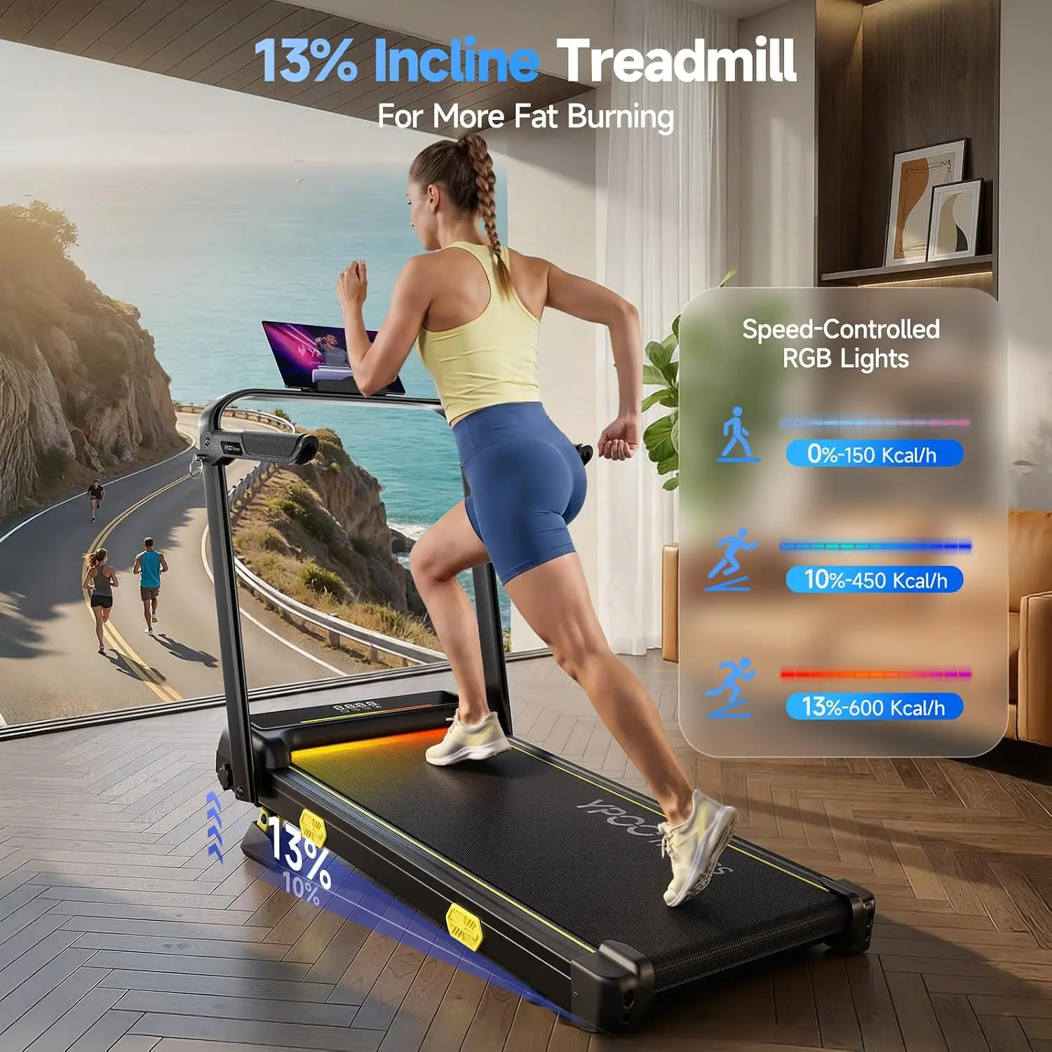 13% Incline Walking Pad with Handles, Desk Foldable Treadmill for Home Office, 6.2MPH Quiet RGB Light 300LBS, Customized