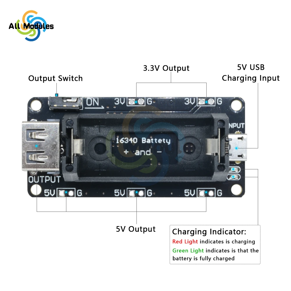 Fuente de alimentación recargable, cargador de batería de litio 16340 Dual, módulo de protección para placa Arduino R3, ESP32, ESP8266