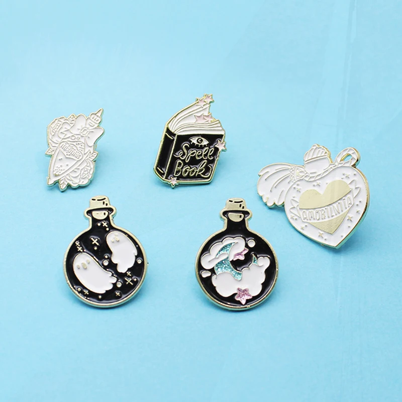 Perfume Liquid medicine Magic Book bottle Lapel Brooch Dark Badges Gift Gothic Spell Book Magic Enamel Pins rose ghost stars