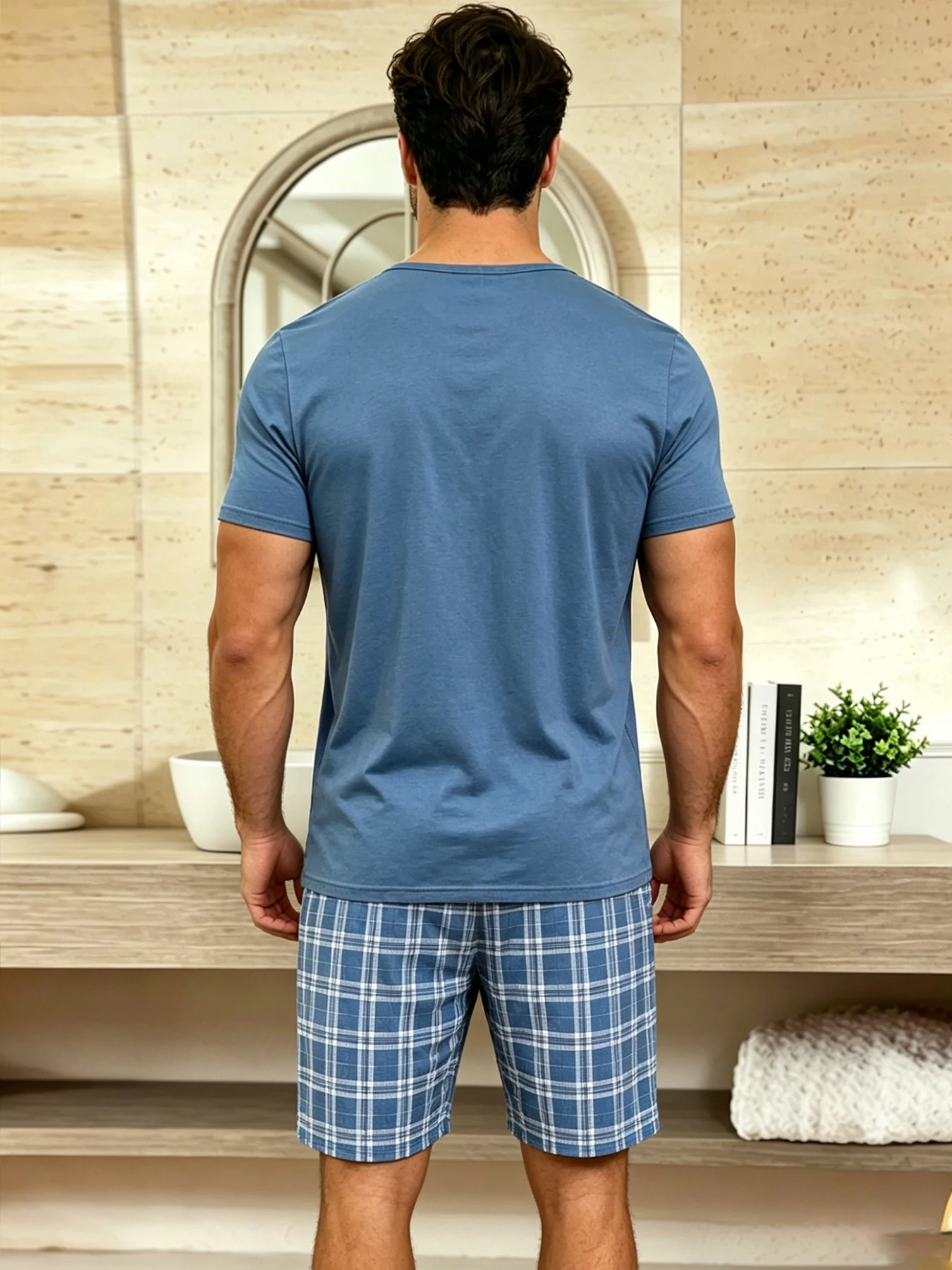 Kariertes Herren-Pyjama-Set, Rundhalsausschnitt, kurzärmliges Oberteil und elastische Shorts, hautfreundlicher Stoff, bequeme, entspannte Passform, Loungewear-Pjs – Detail 13