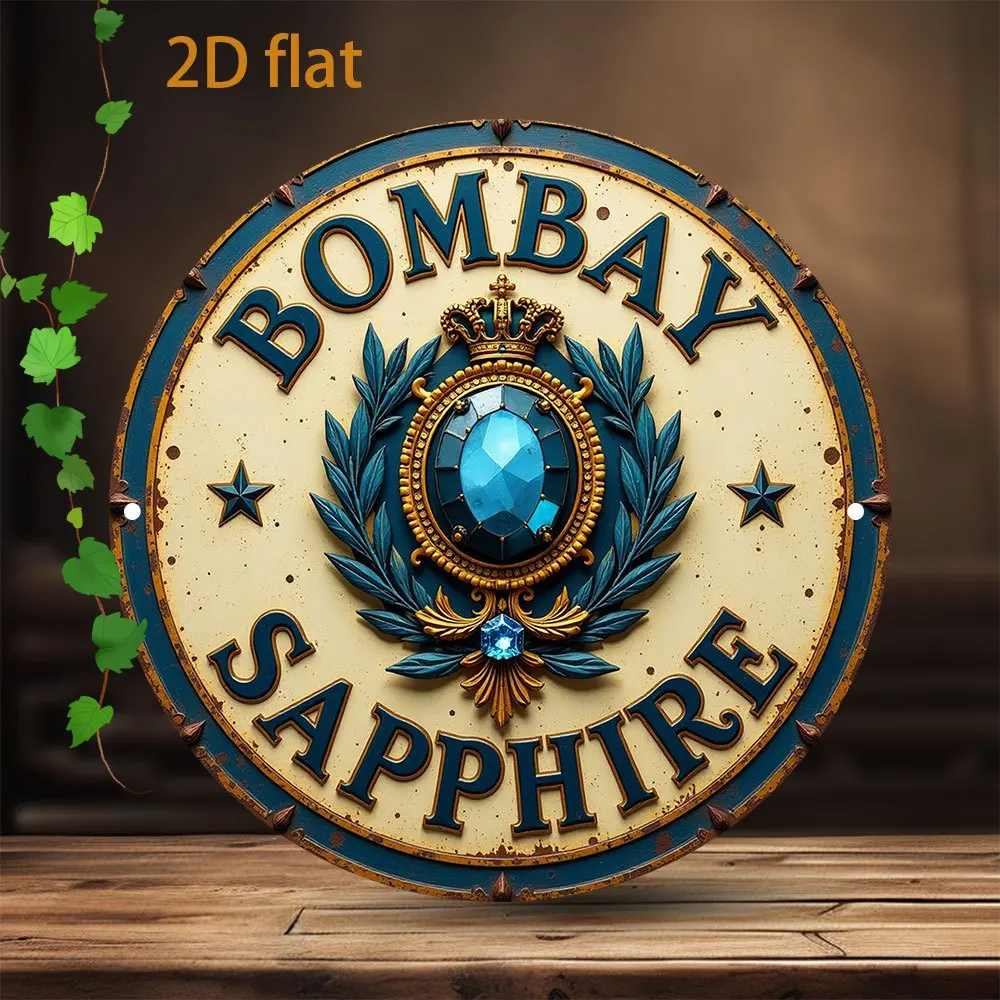 Letrero Decorativo de Metal Retro con Diseño de Bombay Sapphire Gin, Placa Redonda de Hierro de 8 Pulgadas, Detalles en Azul y Dorado, Preperforado, Fácil de Montar en Interiores