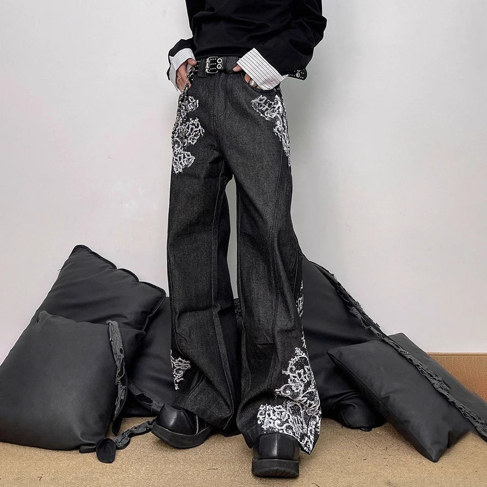 

2025 Winter New Men's Floral Print Wide-Leg Jeans American Retro Fashion Trend Street Hip Hop Casual Loose Men's Bottoms