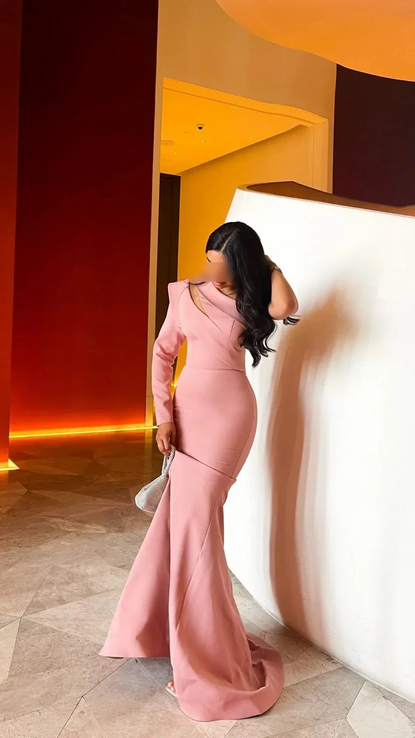 Elegant Blush Pink Maxi Paty Dresses 2026 Trend Prom Dresses One Shoulder Long Sleeve Cut Out Mermaid Evening Dresses
