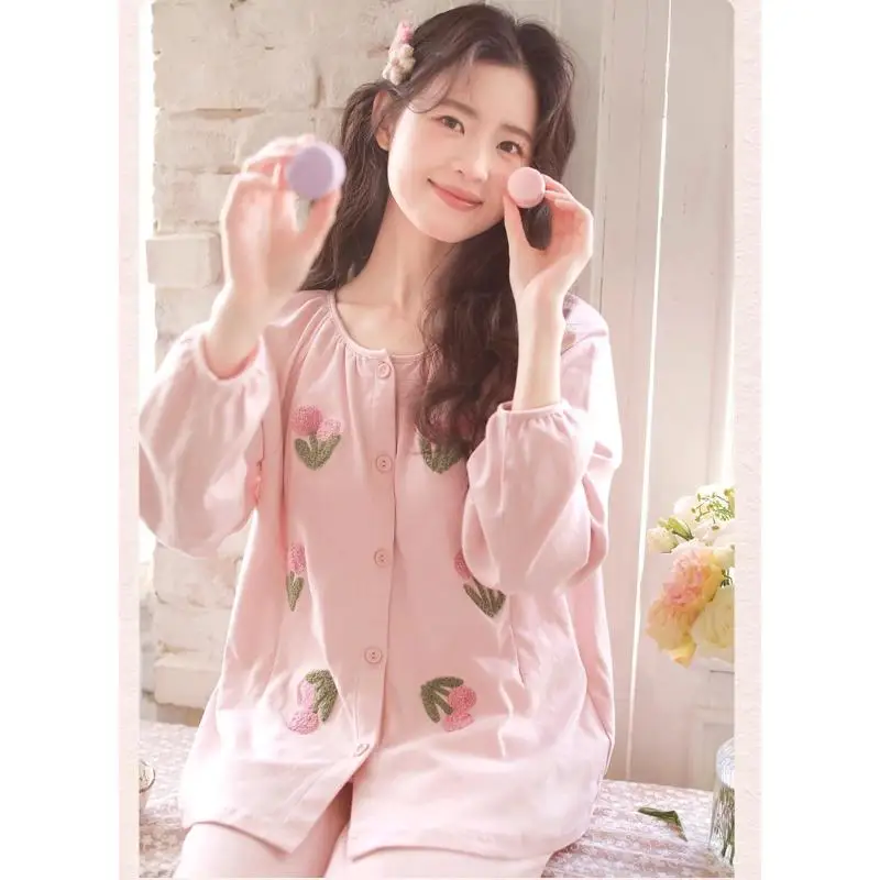Women's Floral Long Sleeved Long Pants Pajama Set Women's Spring and Autumn Lace Round Neck Home Wear Student Soft Two-Piece Set