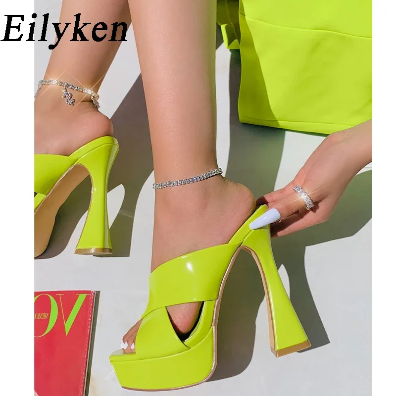 Eilyken New Fashion Platform Chunky High Heels Slipper Women Runway Style Open Toe Night Banquet Mule Slide Shoes