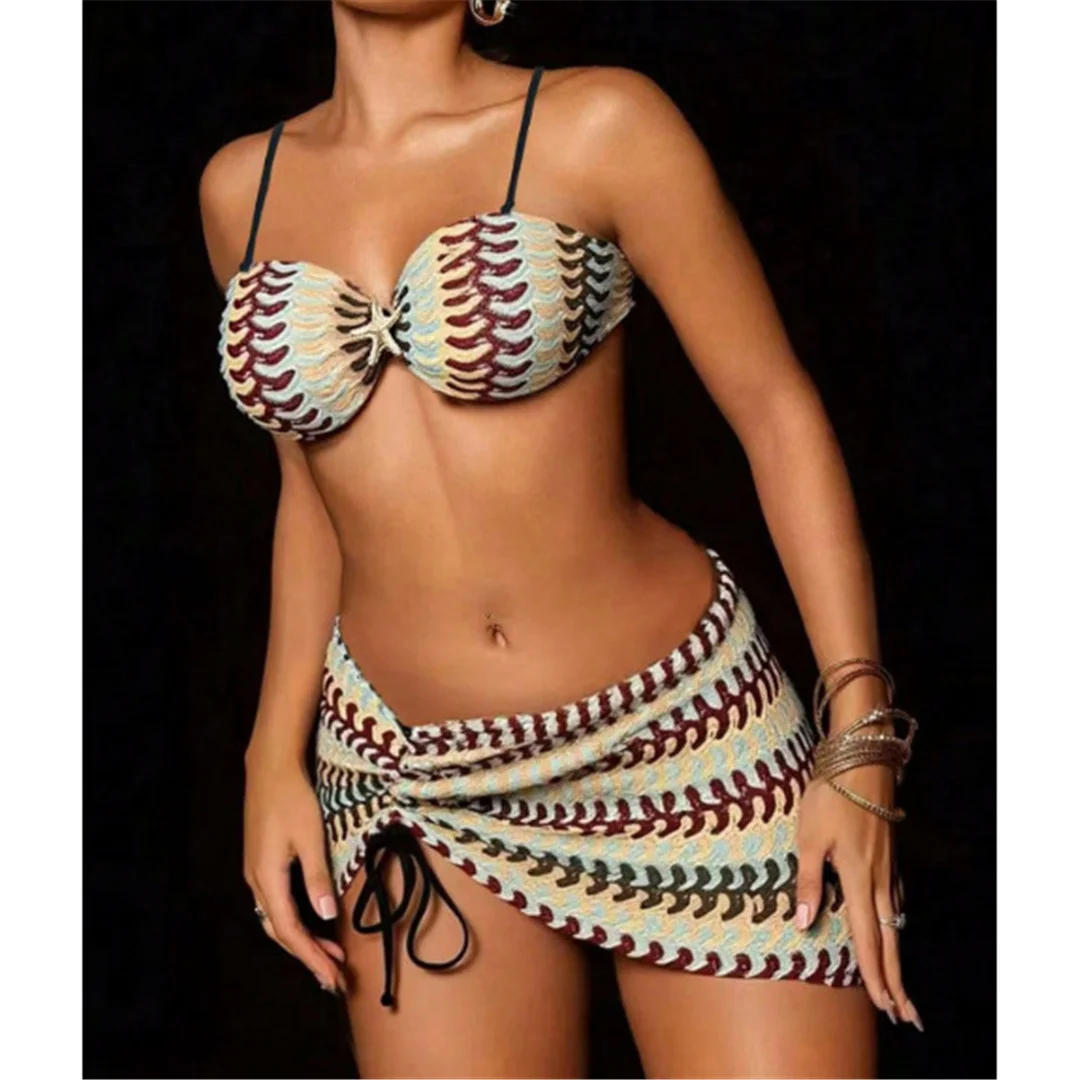 S - XL New Waves Bedruckter Bikini mit Rock, Damen-Badeanzug, dreiteiliges Bikini-Set, Badebekleidung, Badeanzug, Schwimmanzug V7929 – Detail 3
