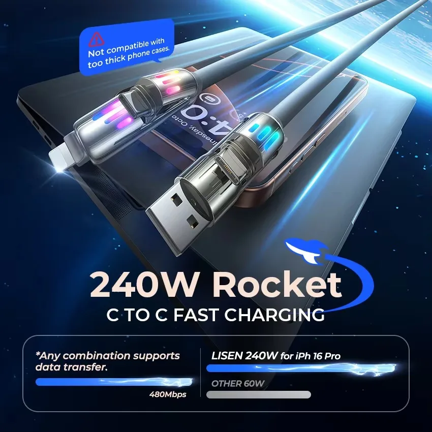 1 قطعة LISEN 240 واط السمين USB C كابل شحن سريع 4 في 1 كابل بيانات 6.6FT سبائك الزنك مع ضوء التنفس للهاتف/ماك بوك/آي باد
