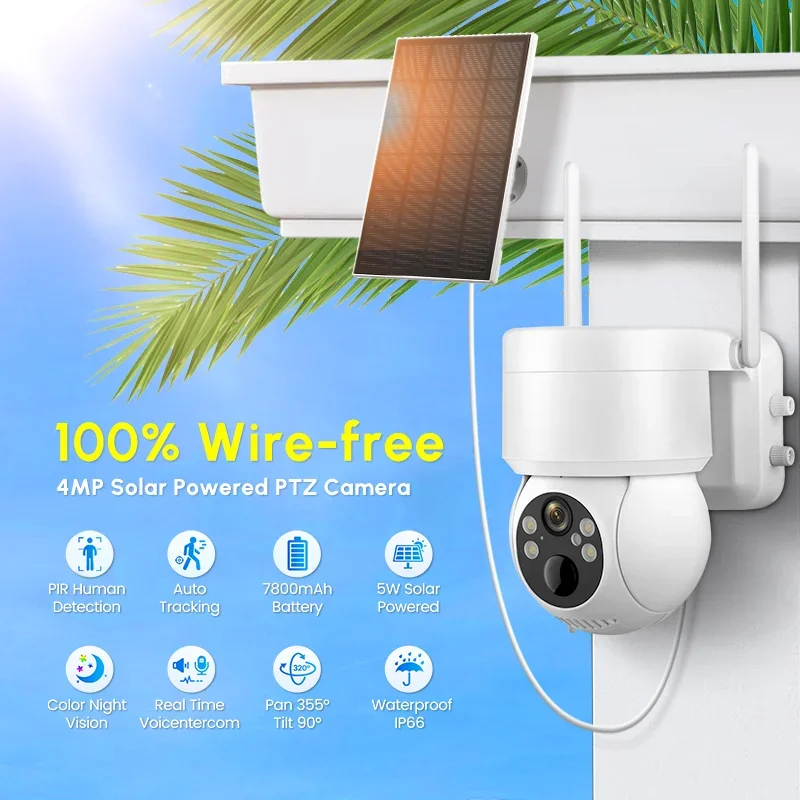 2026 Full HD 4MP Icsee Wireless CCTV Security Solar Powered PTZ Dome Camera with PIR Motion Detection WiFi Cloud Storage