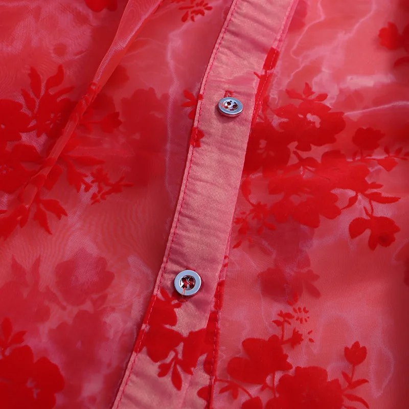 HKSH 2026 Spring Summer New Women Shirt Sheer Mesh Printed Lantern Sleeve French Bow Tie Collar Elegant Blouse Sexy Tops HK17848