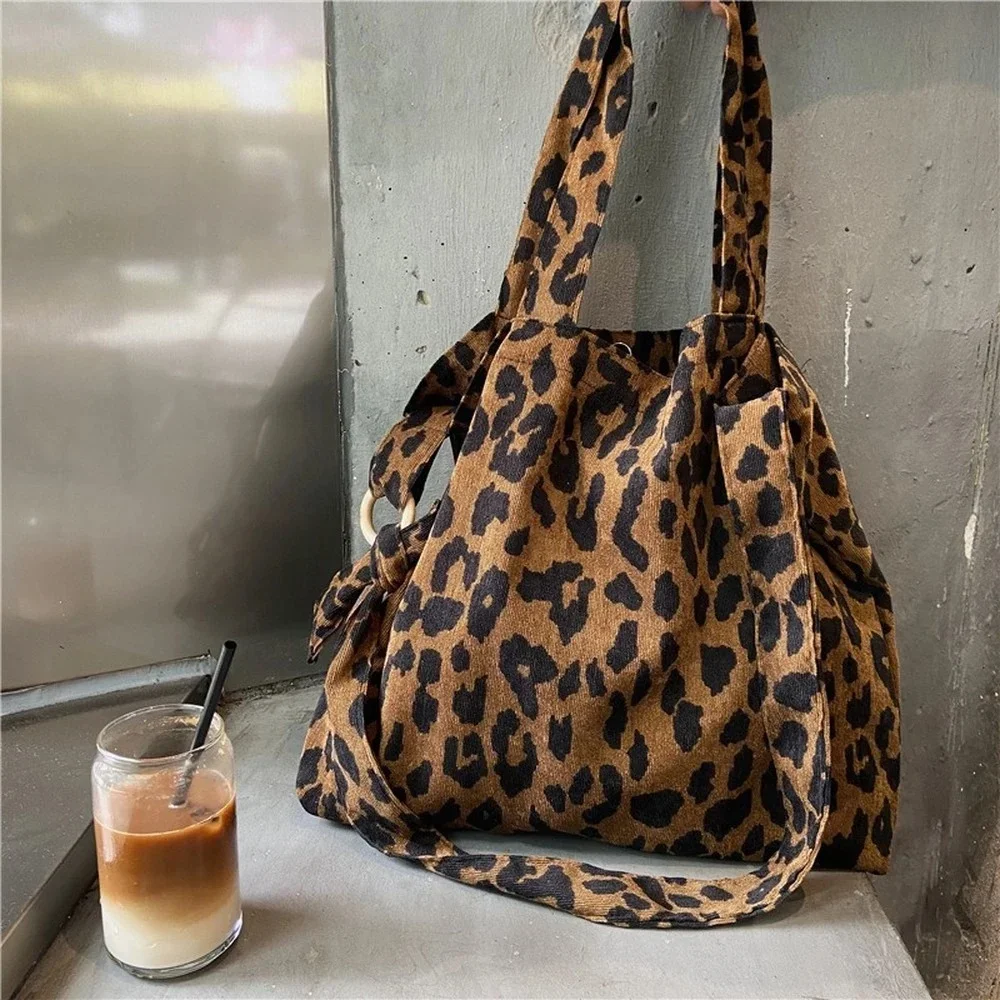 Simple Large Capacity Retro New Autumn Winter Corduroy Shoulder Bags Leopard Pattern Handbag Female Daily Warm Soft Shopping Bag