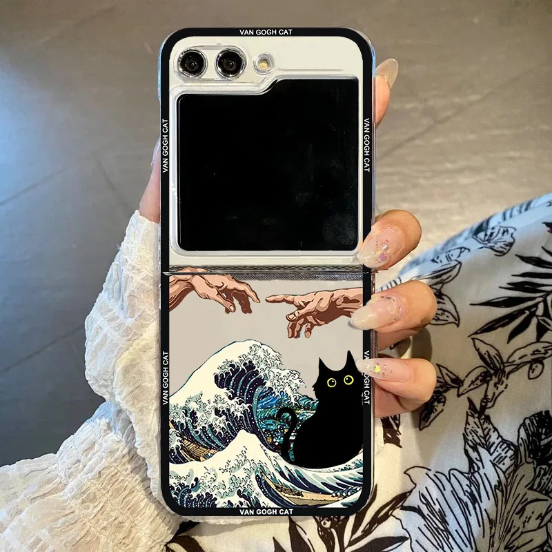 Phone Case For Samsung Galaxy Z Flip 6 5 4 3 Aesthetic Art The Black Cat Van Gogh Folding Hard PC Cover for Zflip 3 Clear Fundas